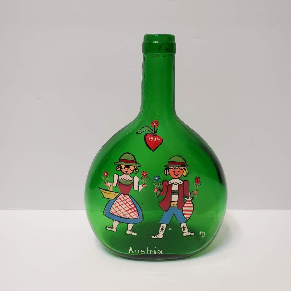 Vintage Green Glass Bottle, Handpainted Austrian Figures, 1984, Octoberfest